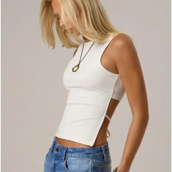 Tie Back Accent White Sleeveless Tank Top - Picture 1 of 5